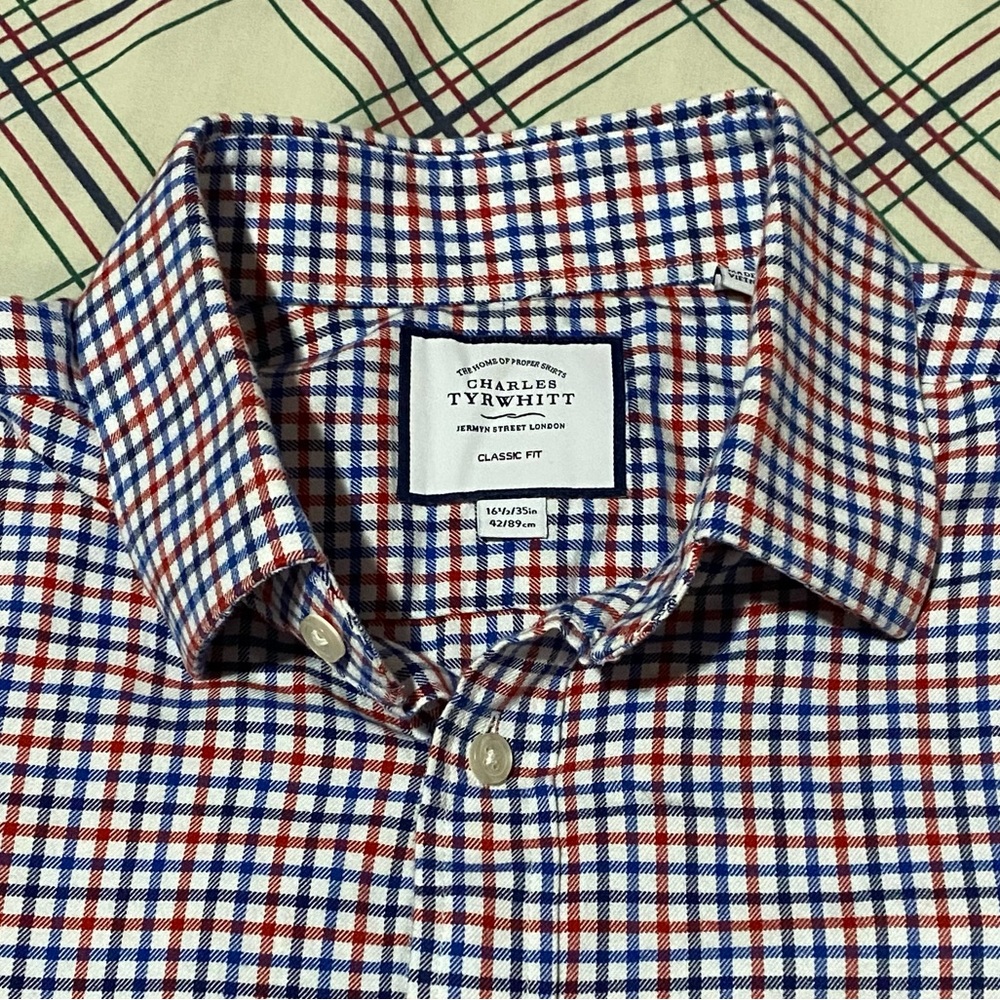 Charles Tyrwhitt Button Down Shirt Red Blue Plaid Mens Size 16/35 Classic Fit